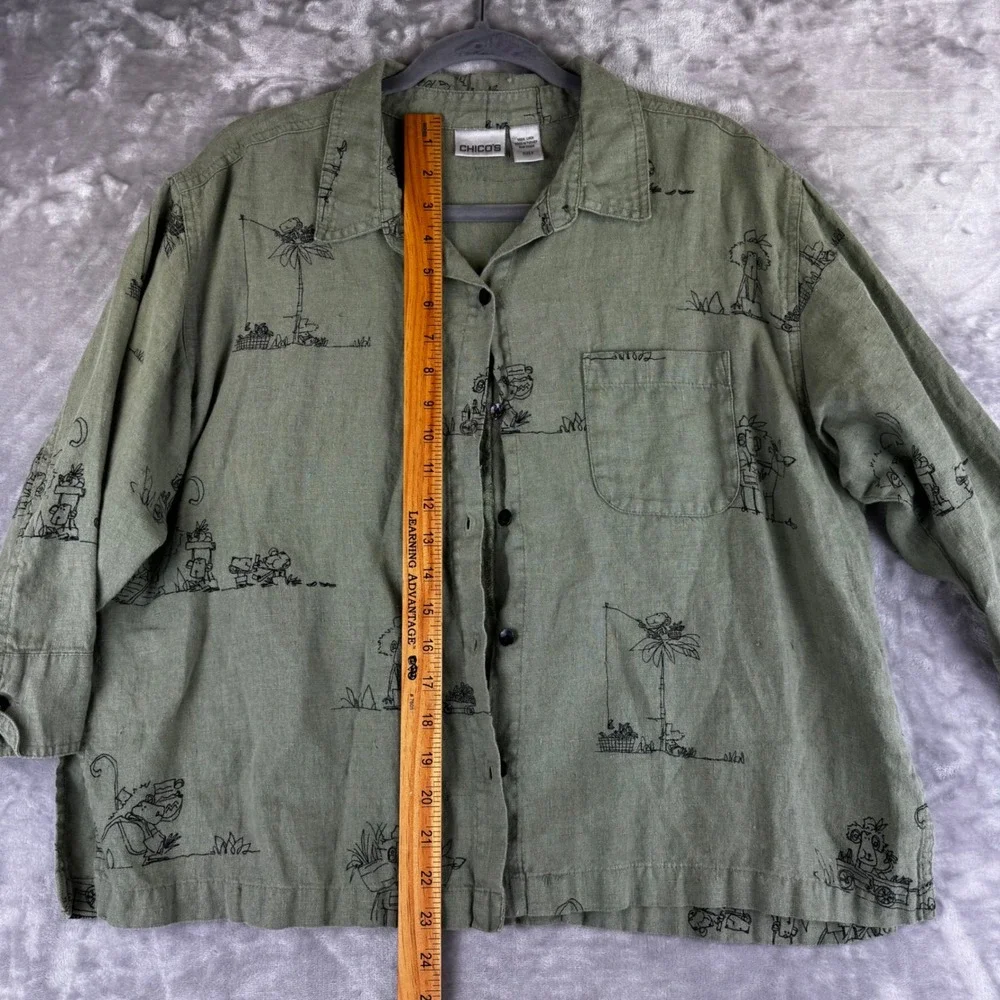 Chico's Button Down Shirt Women‎ 2 Green Linen Novelty Print Tropical (1470)